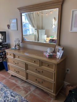 Long Brown Wooden Dresser with Mirror