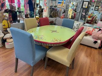 Whimsical hand painted dining table with 6 chairs & leaf MacKenzie-Childs inspired 61” x 41”