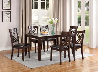 ❇️ Dining Set 7 Pc, Brown Color, Wood Solid, Black Leather, New In The Box.