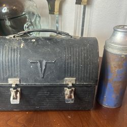 Vintage  Thermos Division Black Tin Box With Handle 10x8 And Thermos From 60’s  NO lid on thermos 