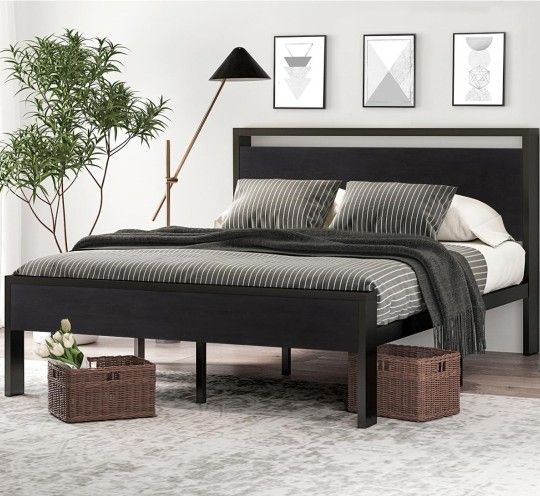 14 Inch Full Size Metal Platform Bed Frame with Wooden Headboard and Footboard, NO BOX SPRING NEEDED 