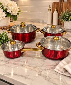 Elegant 4-Piece Red Cookware Pot Set with Glass Lids & Gold Handles