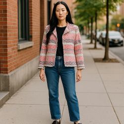 Tahari Pink Tribal Design Knit Woven Jacket Fringed Edges Size 14 NWOT