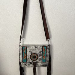 Turquoise Cowhide And Hand Tooled Crossbody Purse 