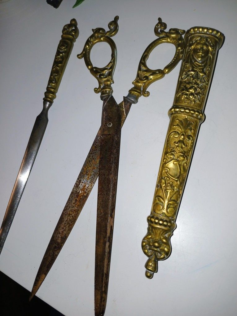 Antique Ornate Bronze Brass Scissors And Letter Opener With Sleeve
