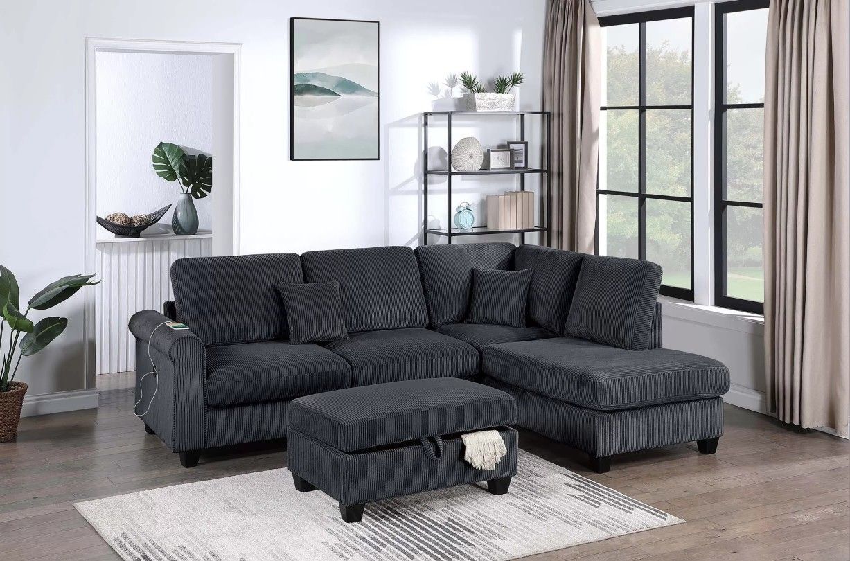 ✅️✅️3 pc black corduroy fabric sectional sofa with USB plugs rounded arms with chaise and storage ottoman✅️✅️