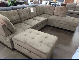 COSTCO Beige chenille sectional couch and ottoman
