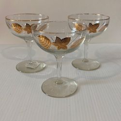 Set Of 3 Champagnes Coupe Glasses Gold Leaf And Gold Rim 