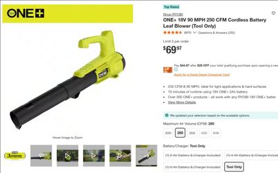 Ryobi brand new ONE+ 18V 90 MPH 250 CFM Cordless Battery Leaf Blower (Tool Only)
