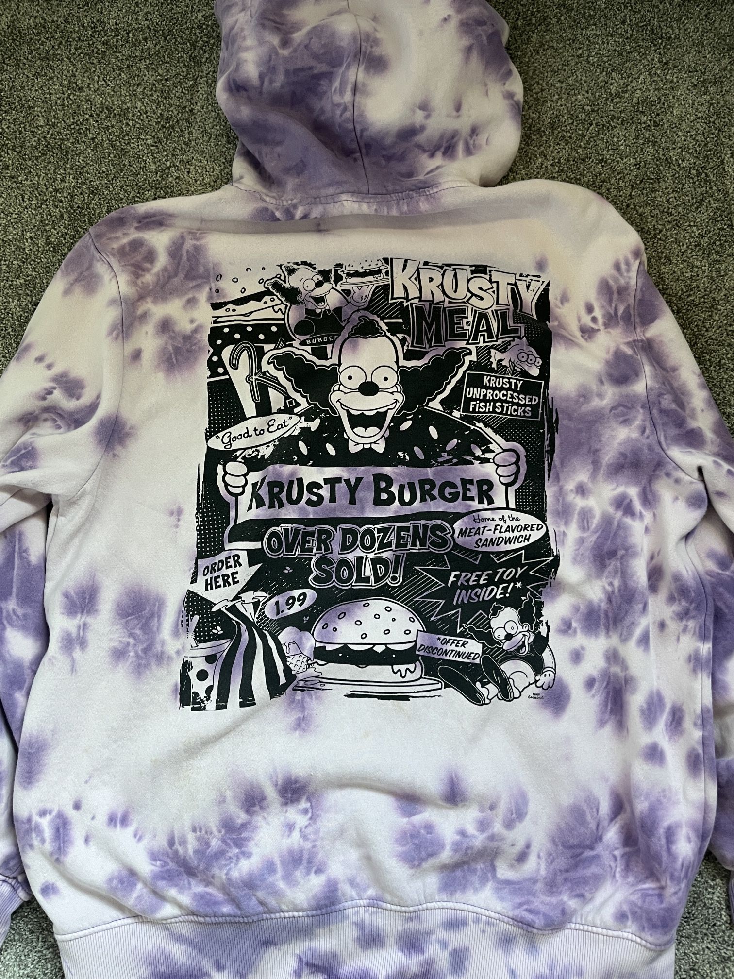 Krusty Burger Hoodie Mens Large H&M Purple Tie Dye Simpsons