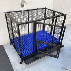 (NEW) $170 Folding Dog Cage 43x30x34” Heavy Duty Single Door Kennel w/ Plastic Tray 