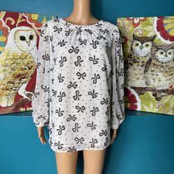 Talbots White Black Bow Print Blouse