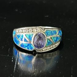 Vintage Ring Size 8 Silver 925 Amethyst Opal Cubic Zirconia Boulder Tanzanite
