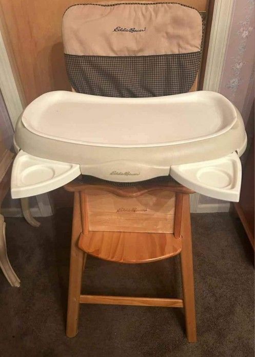 Eddie Bauer Wooden High Chair with Tray, Cup Holders, and Seat Cover