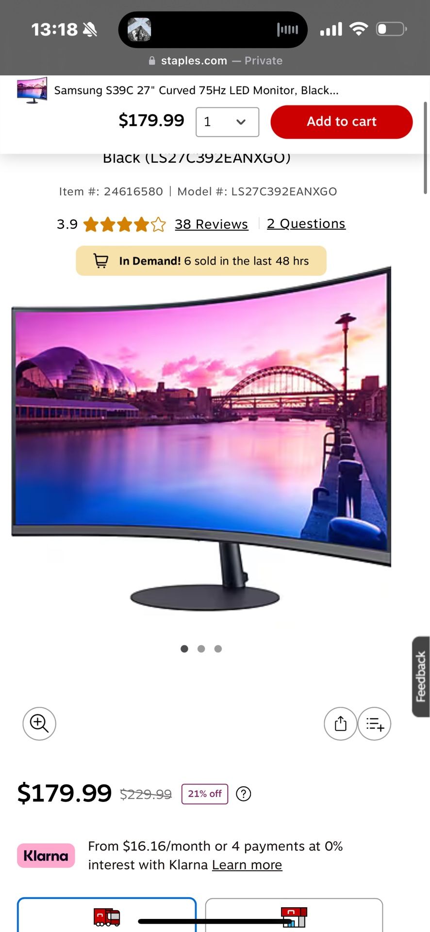Samsung S39C 27" Curved 75Hz LED Monitor