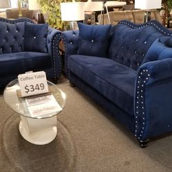 Brand New Blue Velvet Modern Sofa + Loveseat 2PCs Set