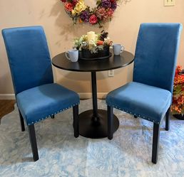Black Table and two NEW Royal Blue Velvet Dining Chairs