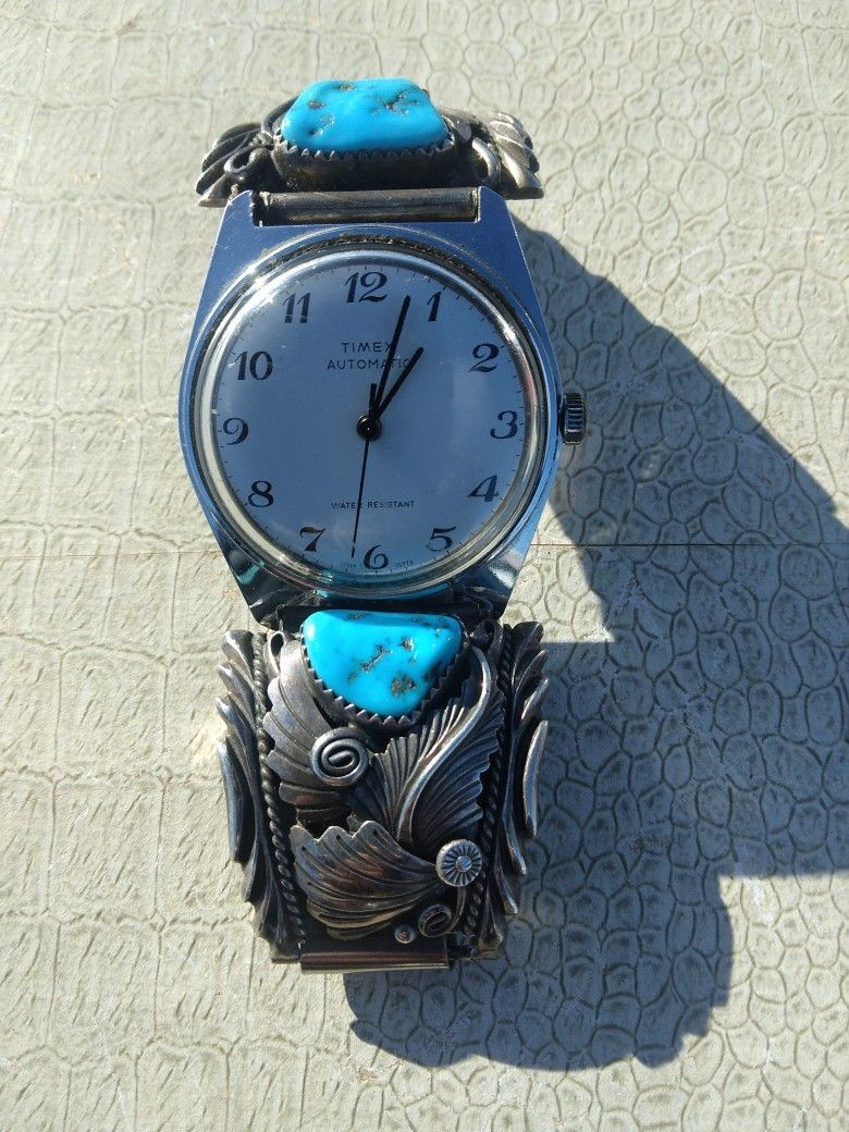 Vintage Native American Sterling Silver Watch Band With Timex Watch Use
