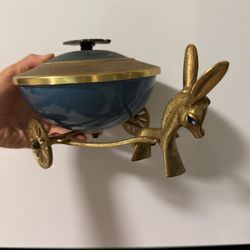 Vintage Tamar Brass Donkey Pull Cart Passover Dish Blue Bowl Made in Israel