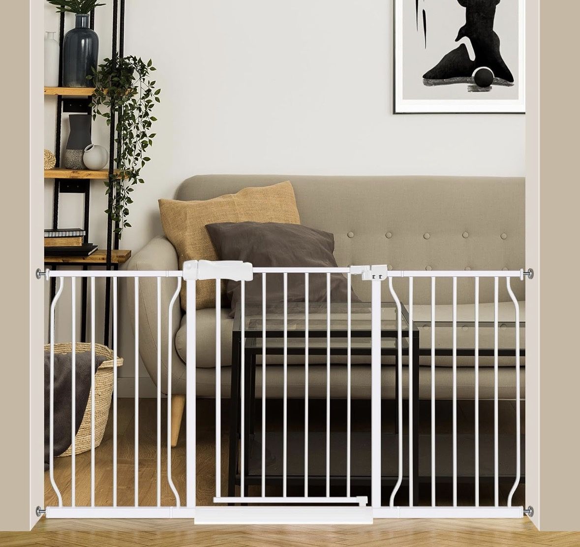Extra Wide Baby Gate 57.5-62.2 Pressure Mounted,Child Dog Pet Safety Gates with Walk Through Door for Doorways Stairs No Drilling in Door,White
