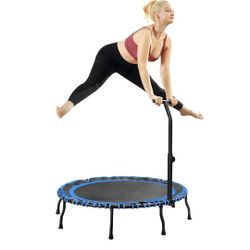New 40" Foldable Mini Fitness Trampoline with Adjustable Foam Handle, Exercise Rebounder for Adults Kids Indoor/Garden Exercise, Max Load 330lbs, Blue