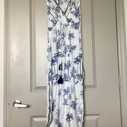 Blue and white palm tree coverup dress