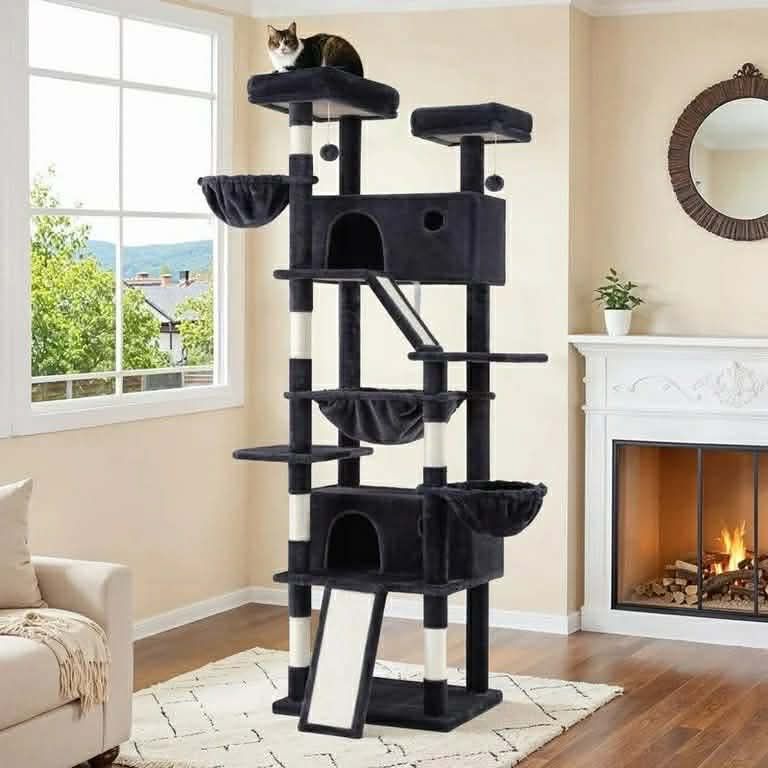 81in Multi-Level Tall Cat Tree Tower for Indoor Kitties/Larger Cat Condo Furniture with Hammock/Cozy Pussycat Perches/Sisal Scratching Posts/Pet House