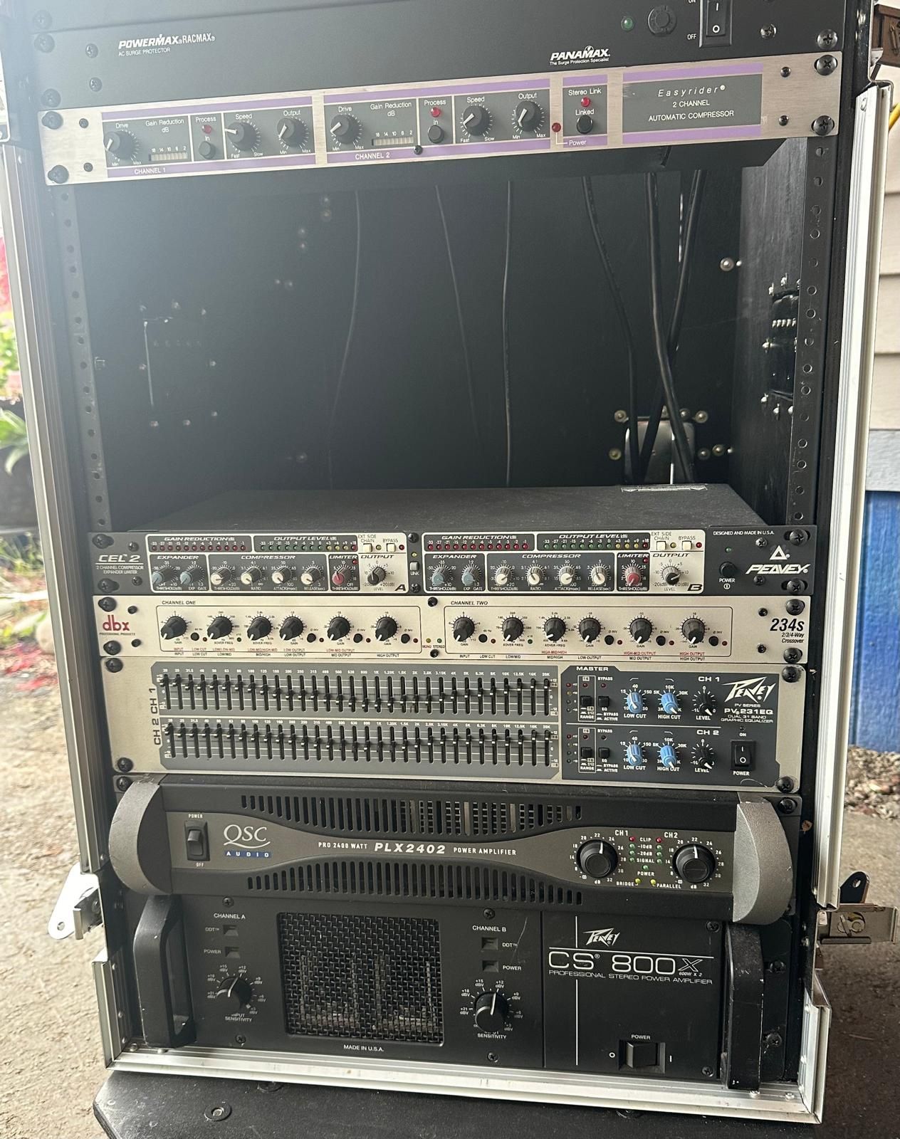 16-space audio box includes two amplifiers, a Peavey CS 800X and a QSC PLX 2402, a Peavey equalizer, a DBX crossover, and more. I sell it together wit