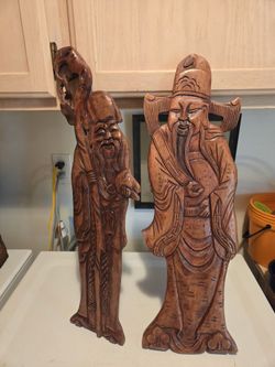 Hand Carved Wood Chinese Gods Wall Plaques (2)