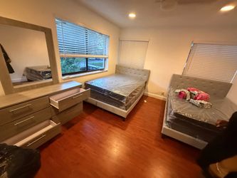 2 full size bed frame with 2 mattress set. Dressers and mirror all new furniture free delivery free installation