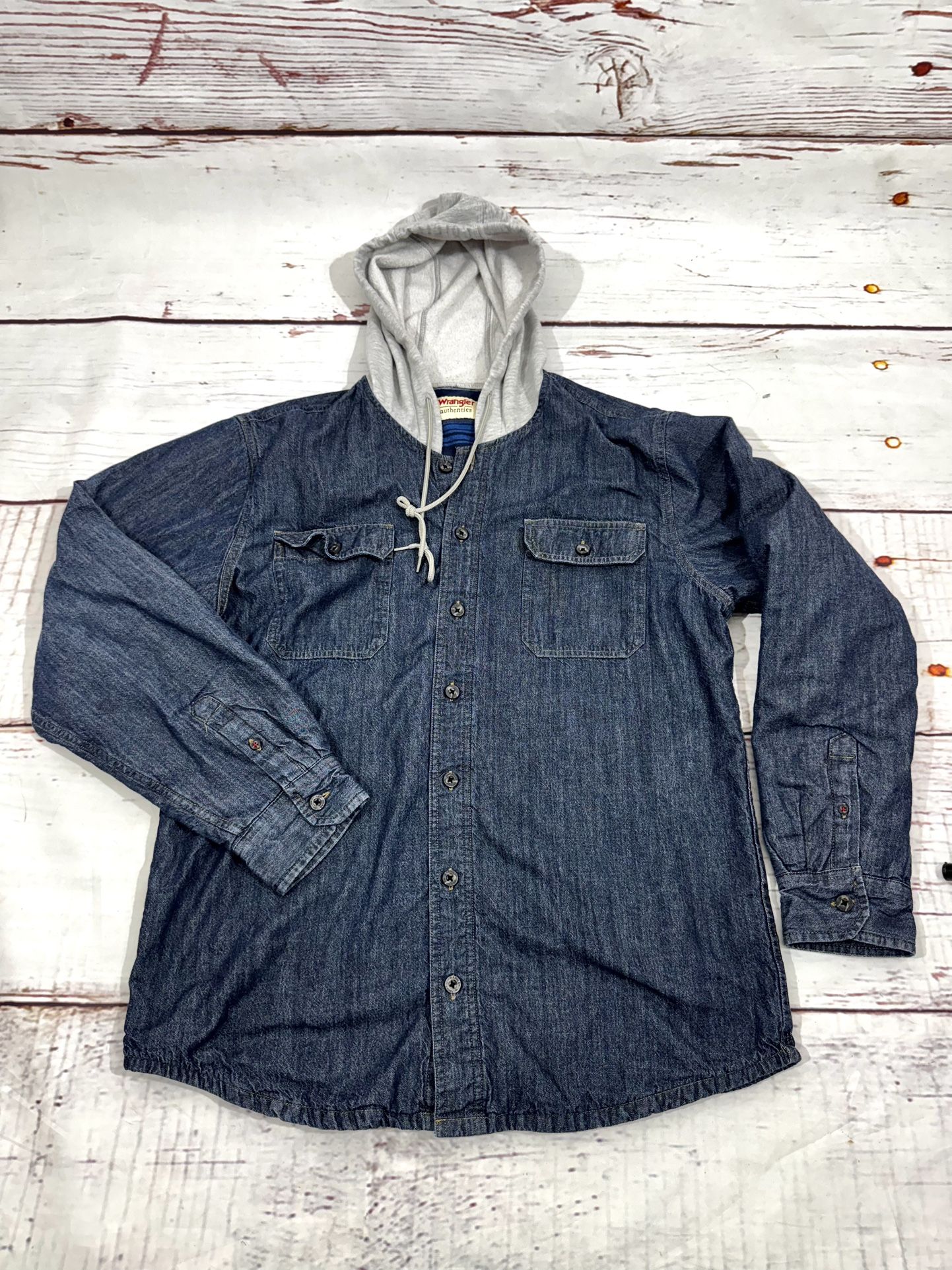 Wrangler Authentics blue denim Hooded Lined Shirt Jacket sweater Large Mens 