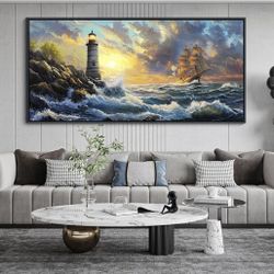 CHATYOUNG Large Wall Art Living Room, Ocean Sunrise Big Waves Framed Wall Pictures Beach Sailboat Lighthouse Landscape Canvas Paintings for Bedroom Di