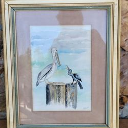 Pelican Party Framed and Matted Water Color