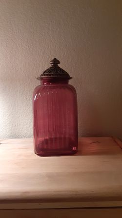 Glass, red, decorative jar, cookies, kitchen items, bathroom. Nice piece