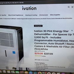 Invation Brand New 70 Pint Energy Star Dehumidifier Floor Wheel Roll Cash White MSRp 260 Now 180 Cash New Room Air R
