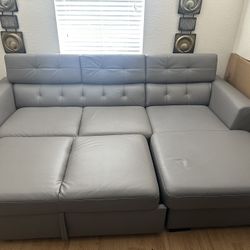 Gray Faux Leather Couch / Full Trundle