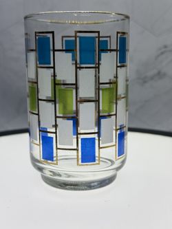 (1) As-Is Libbey Glass Co, Nordic, Blue Green and White Geometric Rectangles, Gold Trimmed 10 oz Tumbler. Some gold rubbed off. See pics & video. 