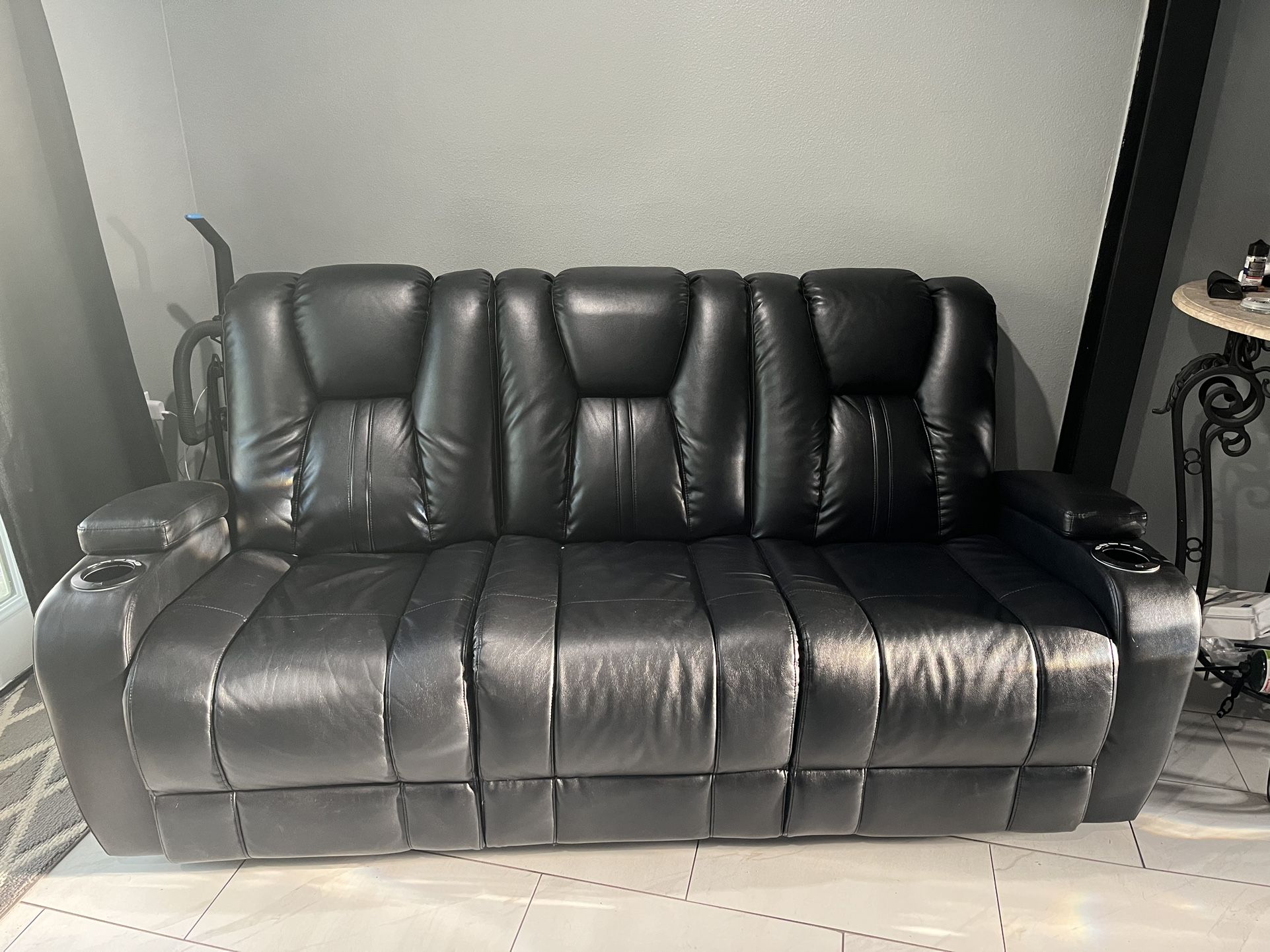 Black Leather Power Reclining Sofa 