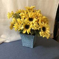 Blue and Black Metal Decorative Vase With Beautiful Yellow Sunflowers