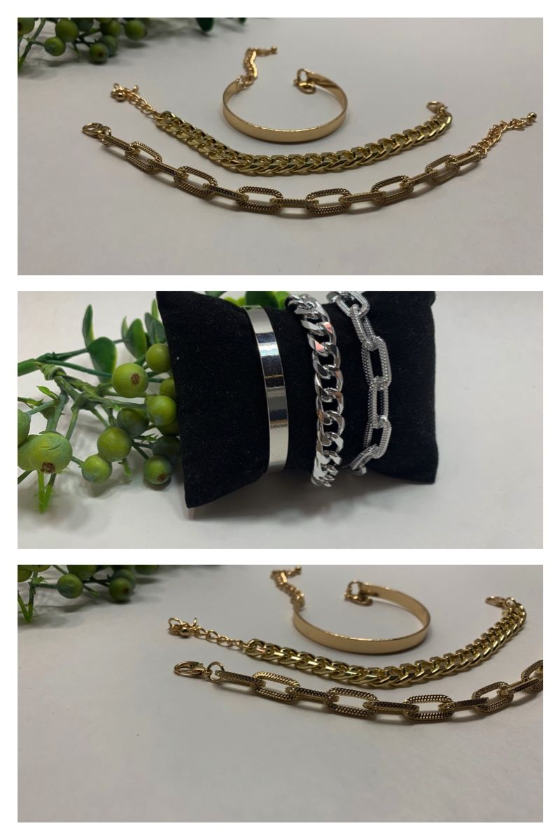 Punk Style 3pcs/Set Curb Cuban Chain bracelet, Gold and Silver Color (2 Sets)