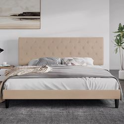 King Size Fabric Upholstered Bed Frame with Button Tufted Headboard, Beige
