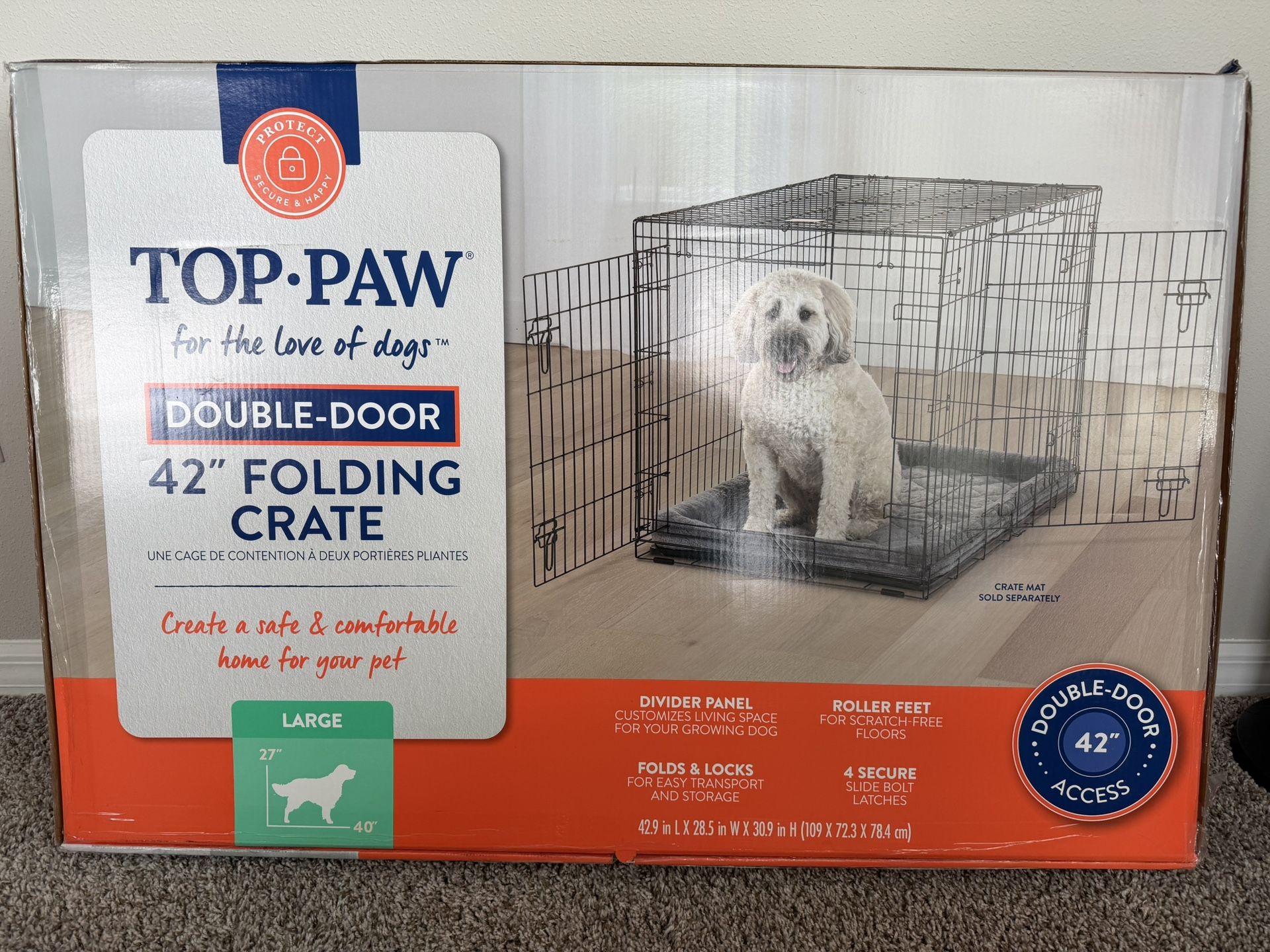 42" Double-door Folding Dog Crate w/divider