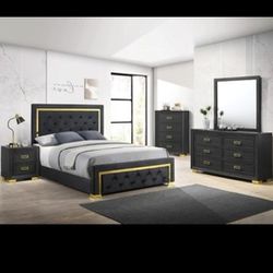 Brand New Dark Grey/Gold 4pc Bedroom Set (Queen or King)