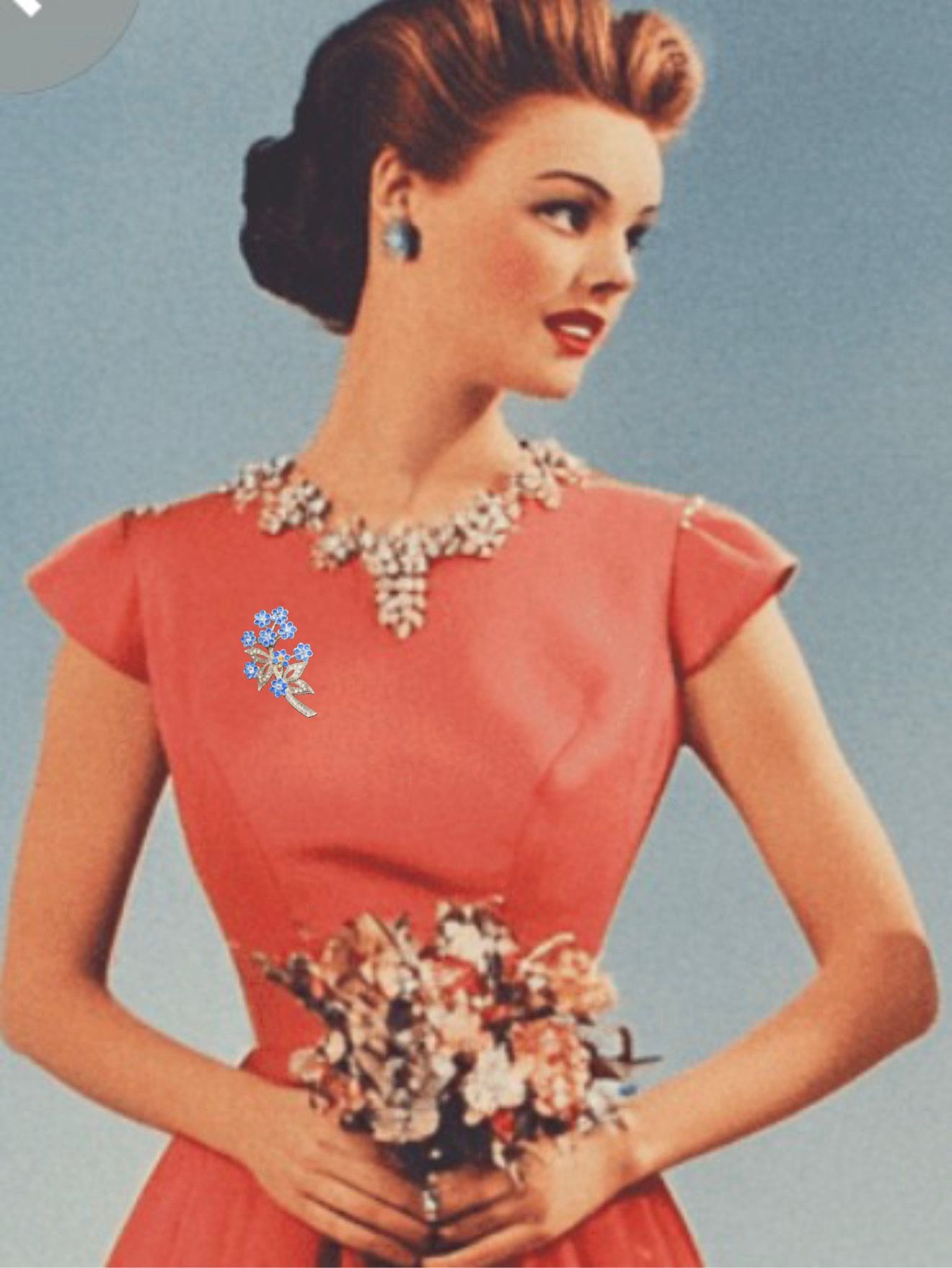 Vintage 1960s Rhinestone Floral Spray Brooch Blue Clear, 1.5x2.5”