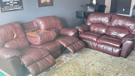 Brown Leather Reclining Sofa & Loveseat Set with Built-in Massagers – Fully Working