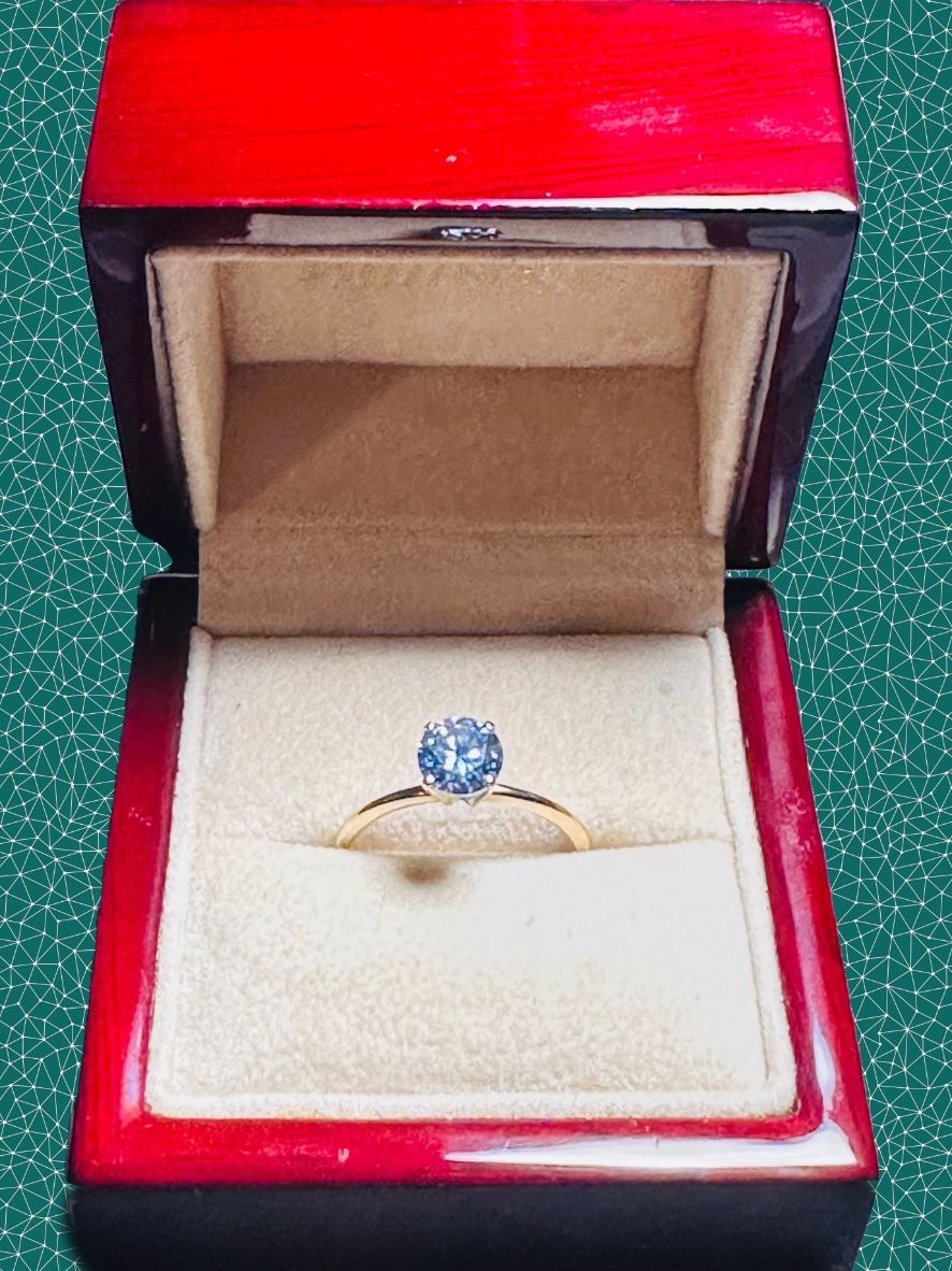 1.01ct Blue Moissanite Diamond vvs1 14k Gold Solitaire Ring, 7.5