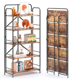 No Assembly Folding Bookshelf, 5 Tier Collapsible Book Shelves Open Industrial Foldable Storage Bookcase Shelf for Bedroom, Living Room, Home Office -