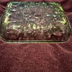 Vintage Casserole Green Glass Cake Size Dish. Libby Orchard Fruit Pattern