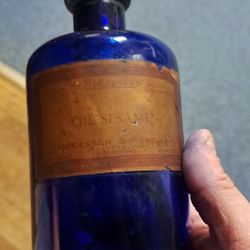 Antique Glass Pharmacy Bottle Cobalt 8 in
