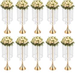 10PCS Acrylic Centerpiece Stand, Wedding Flower Vases with Crystal Beads, Tall Wedding Centerpieces Gold Vases for Wedding Backdrop, Party, Birthday, 